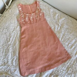Vintage coral pink a-line floral embroidered dress